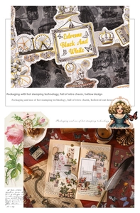 Close-up of vintage PET stickers featuring gold stamping and intricate hollow-out designs