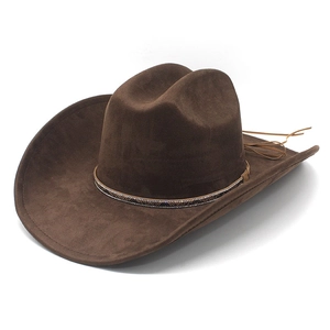 Classic dark brown suede western cowboy hat with sparkling rhinestone band and rear tie