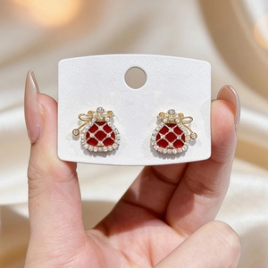Gold plated money bag earrings with red enamel and white zircon stones in Chinese style