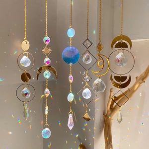 Hanging crystal suncatcher wind chimes with golden moon and star prisms set
