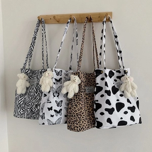 Women Fashion Canvas Tote Bag Leopard Zebra Butterfly Cow Print Shoulder Bag Large Capacity Casual Handbag With Plush Bear Charm