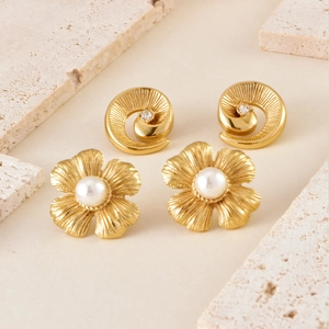 Stainless Steel Stud Earrings With Zircon And Faux Artificial Pearl Gold Plated Flower Snail Spiral Chic Vintage Jewelry For Women