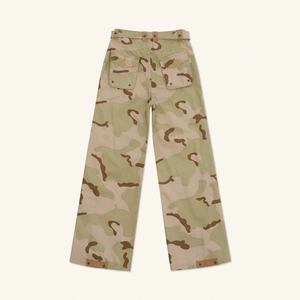 Detail view of desert camo high-waisted wide-leg trousers with rear flap pockets