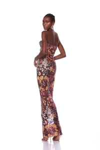 Detailed back view of sequin maxi dress featuring floral embroidery and zipper closure