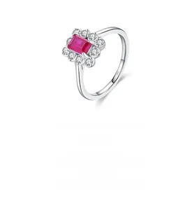 Detailed close-up of S925 silver ring featuring a rectangular ruby with zircon halo
