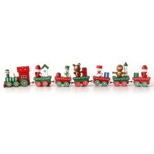 Detailed view of a seven-section wooden Christmas train with Santa and snowman figures