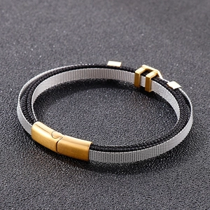 Bracelet moderne en maille tressée double couche en acier noir et argent pour unisexe