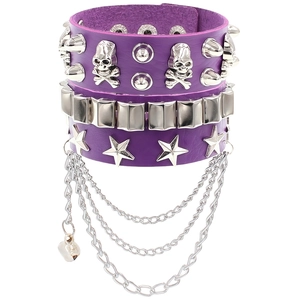 Detailed view of purple punk leather bracelet with metal skulls, spikes, and silver chains