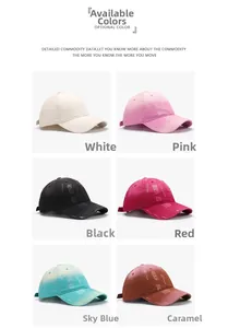 Detailed grid showing six colors of washed distressed cotton baseball caps with torn edges