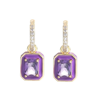 Square purple zircon huggie earrings plated in 18k gold with violet enamel accents