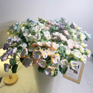 Handmade crochet pansy bouquet in a vintage white metal bucket for home decor gifting