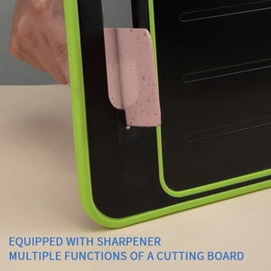 Detail showing the built-in sharpener feature on a dual-sided multi-function cutting board