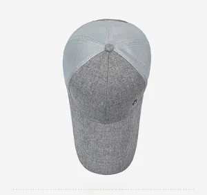 Top view of breathable mesh baseball cap with grey fabric and light blue panels