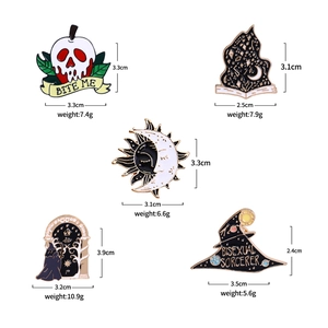 Gothic Halloween enamel pins collection with skull apple and wizard hat emblems