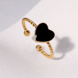Minimalist gold rope texture open ring with a black heart-shaped enamel detail