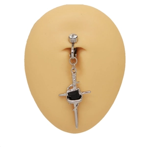 Silver non-pierced belly ring featuring a black cross pendant on a silicone skin model