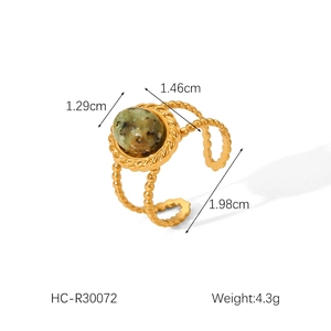 Detailed view of vintage gold ring featuring a green natural stone with size measurements