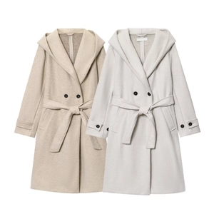 Women's hooded wool coat with waist belt in beige and light gray colors