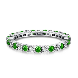 S925 sterling silver eternity ring with alternating green gems and white zircons