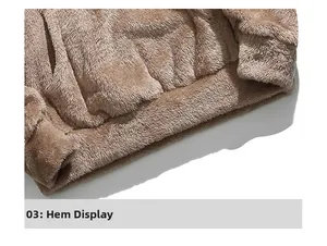 Detail view of the ribbed hem on this thick camel polar fleece hooded sweatshirt