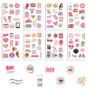 Pink Bookish themed sticker set featuring cozy reading illustrations for journals
