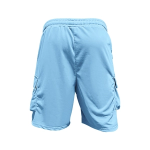 Rear view of light blue men's cargo shorts featuring functional large side pockets