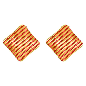 Square stainless steel earrings with red and golden stripes in 18K gold finish
