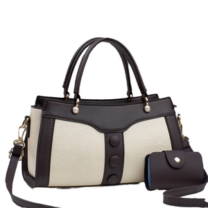 Schicke beige-braune Patchwork-Leder-Handtasche mit passender Münzbörse und Goldbeschlägen