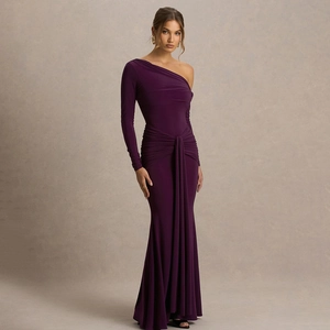Elegant purple one-shoulder long sleeve evening gown with ruched waist and fishtail silhouette