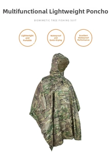 Close-up of waterproof camouflage poncho showing lightweight material and hood detail