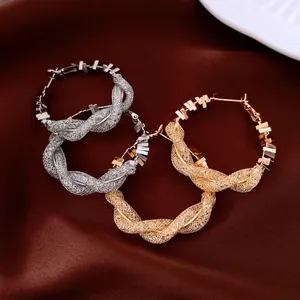 Créoles Géométriques Ajourées Tressées Torsadées Blocs Métalliques Carrés Avec Tige En Argent Sterling 925 Pour Femmes