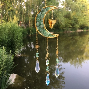 Golden moon crystal suncatcher with green stones and butterfly hanging decorations