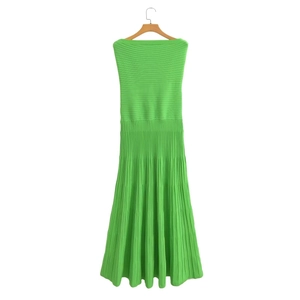 Green sleeveless knitted maxi dress with ribbed texture and elegant boat neck on hanger