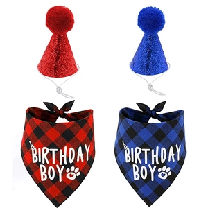 Dog birthday party set with blue and red plaid bandanas and sequin cone hats