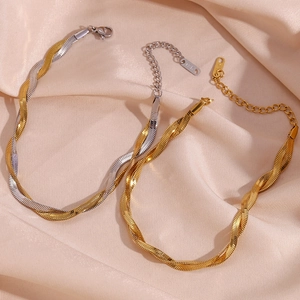 Two-strand twisted herringbone anklet in 18K gold and silver plated stainless steel
