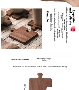 Detailed view of jigsaw-shaped solid wood coasters in walnut, beech and sapele wood texture