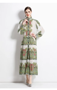 Detail of vintage paisley print on white long sleeve maxi dress with mandarin collar