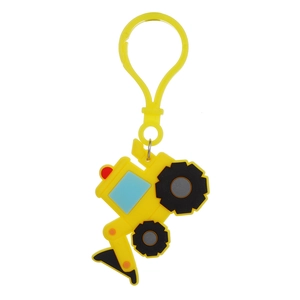 Cartoon excavator keychain in yellow PVC with matching plastic hook for backpacks