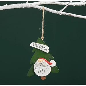 Close-up of wooden Christmas tree pendant with Santa Claus and Welcome banner