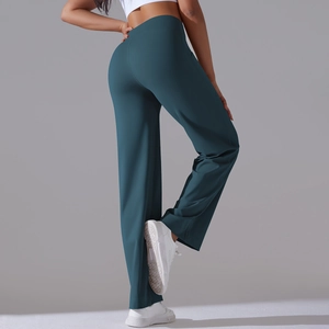 Rear 45-degree view of high-waisted wide-leg yoga pants showing smooth fabric texture