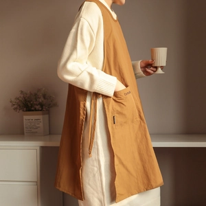 Waterproof Long Apron Split Design Belted Smock With Large Pockets For Kitchen Cooking Coffee Shop Japanese Style Workwear
