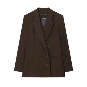 Women's dark brown double-breasted blazer suit with padded shoulders and long pants