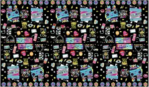 Detail of 90s disco theme tablecloth featuring vintage boomboxes and roller skates pattern