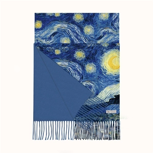 Van Gogh Starry Night cashmere scarf for women with tassels in a premium flat lay view