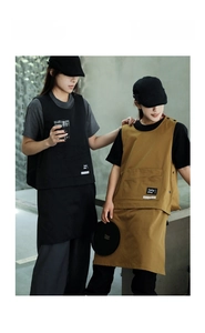 Detailed view of heavy-duty canvas aprons with large pockets and side button design