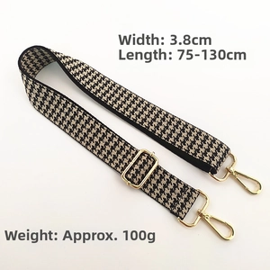 Adjustable 3.8cm wide houndstooth fabric strap with gold buckles, length 75-130cm