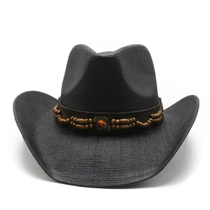 Black western straw cowboy hat with vintage beads and amber gemstone on decorative band