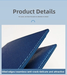 Detail of cross-grain blue PU leather passport holder showing professional edge oil finish