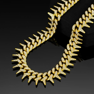 Golden 20mm spiked Cuban link necklace with iced-out crystals for hip-hop style
