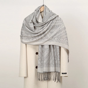 Dettaglio di sciarpa jacquard grigia con motivi geometrici e nappe su un cappotto